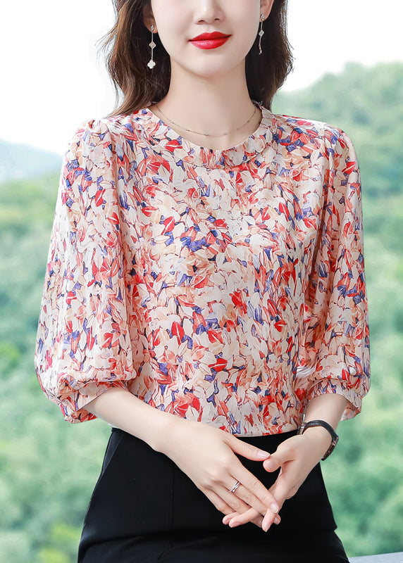 Classy Red O-Neck Print Chiffon Shirt Tops Half Sleeve LY0452 - fabuloryshop