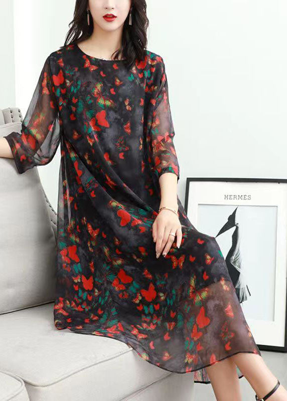 Classy Red O Neck Print Patchwork Chiffon Mid Dress Summer Ada Fashion