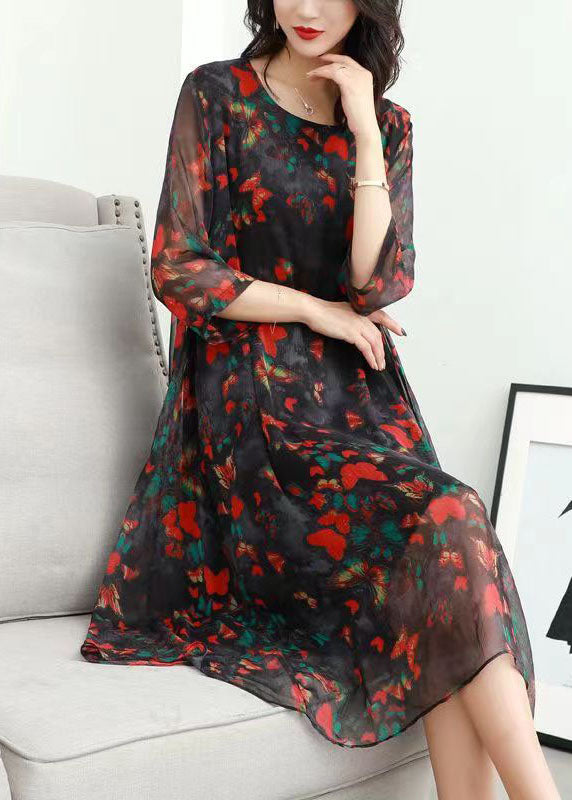Classy Red O Neck Print Patchwork Chiffon Mid Dress Summer Ada Fashion