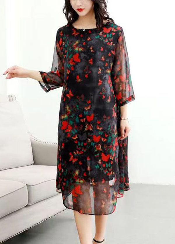 Classy Red O Neck Print Patchwork Chiffon Mid Dress Summer Ada Fashion