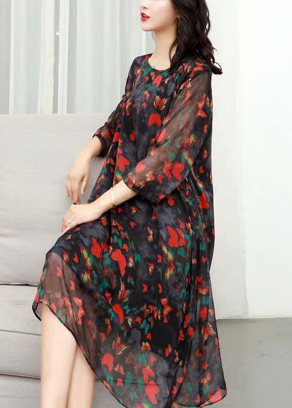 Classy Red O Neck Print Patchwork Chiffon Mid Dress Summer Ada Fashion