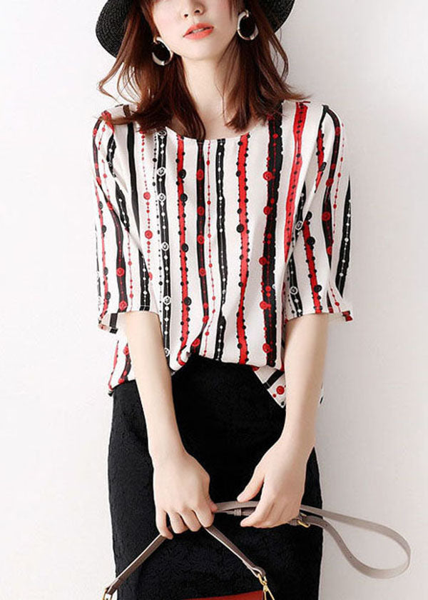 Classy Red O-Neck Striped Chiffon Shirt Tops Half Sleeve LY0055 - fabuloryshop