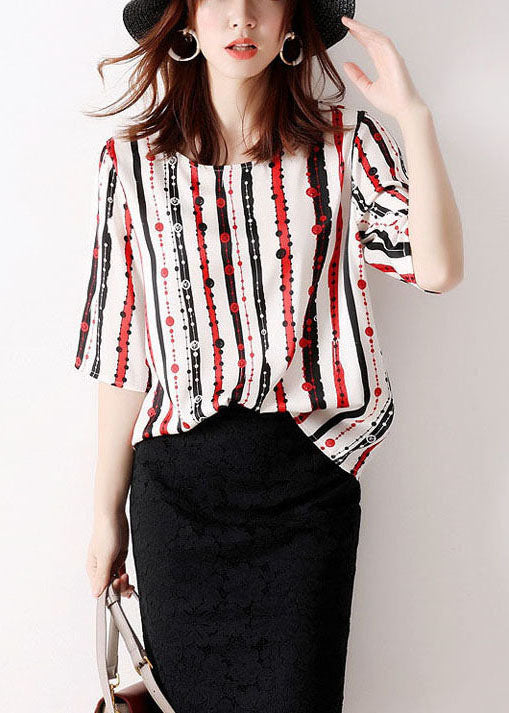 Classy Red O-Neck Striped Chiffon Shirt Tops Half Sleeve LY0055 - fabuloryshop