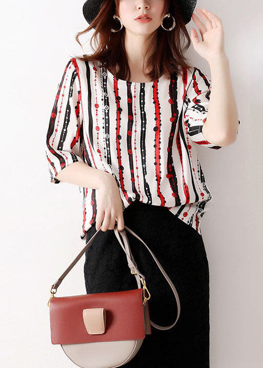 Classy Red O-Neck Striped Chiffon Shirt Tops Half Sleeve LY0055 - fabuloryshop