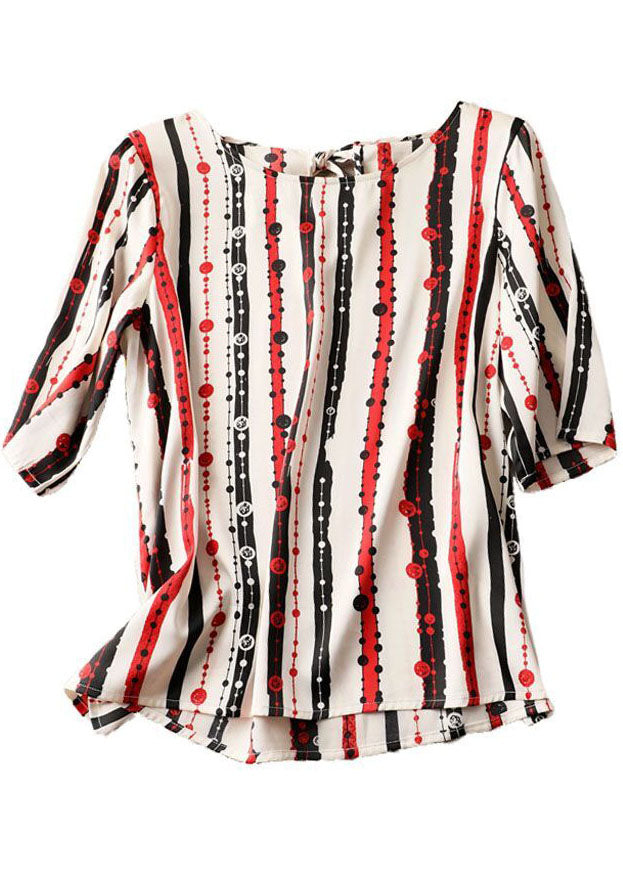 Classy Red O-Neck Striped Chiffon Shirt Tops Half Sleeve LY0055 - fabuloryshop