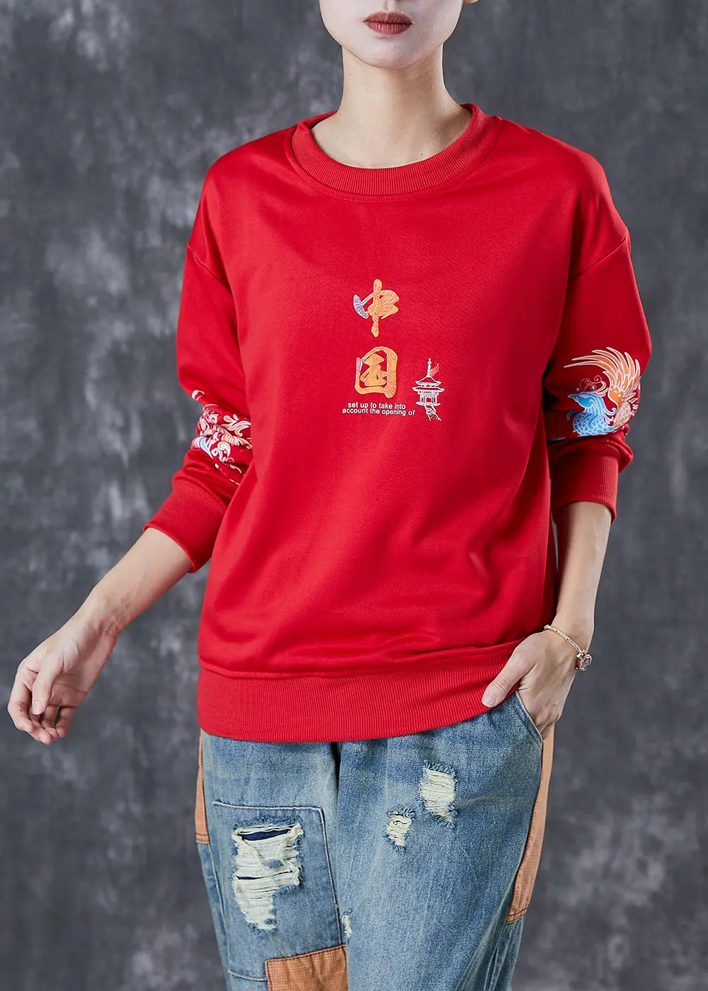 Classy Red Oversized Chinese Print Cotton Sweatshirt Fall Ada Fashion