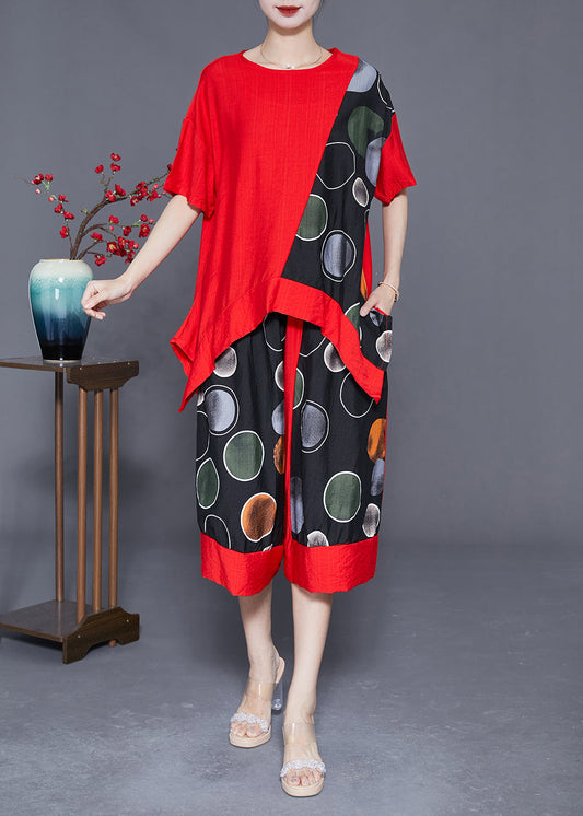 Classy Red Oversized Patchwork Cotton Two Piece Set Women Clothing Summer LY3642