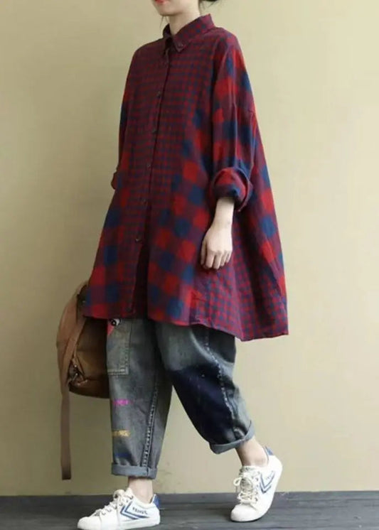 Classy Red Oversized Patchwork Plaid Cotton Shirt Dress Fall Ada Fashion
