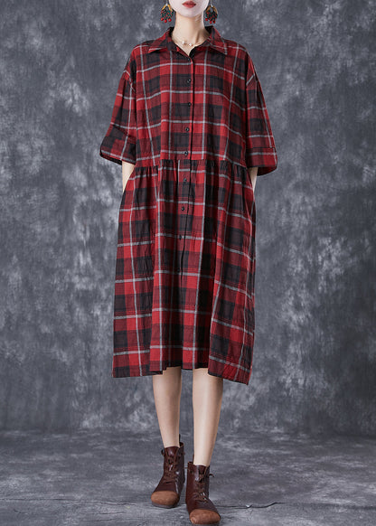 Classy Red Oversized Plaid Linen Shirt Dress Summer LY7083 - fabuloryshop