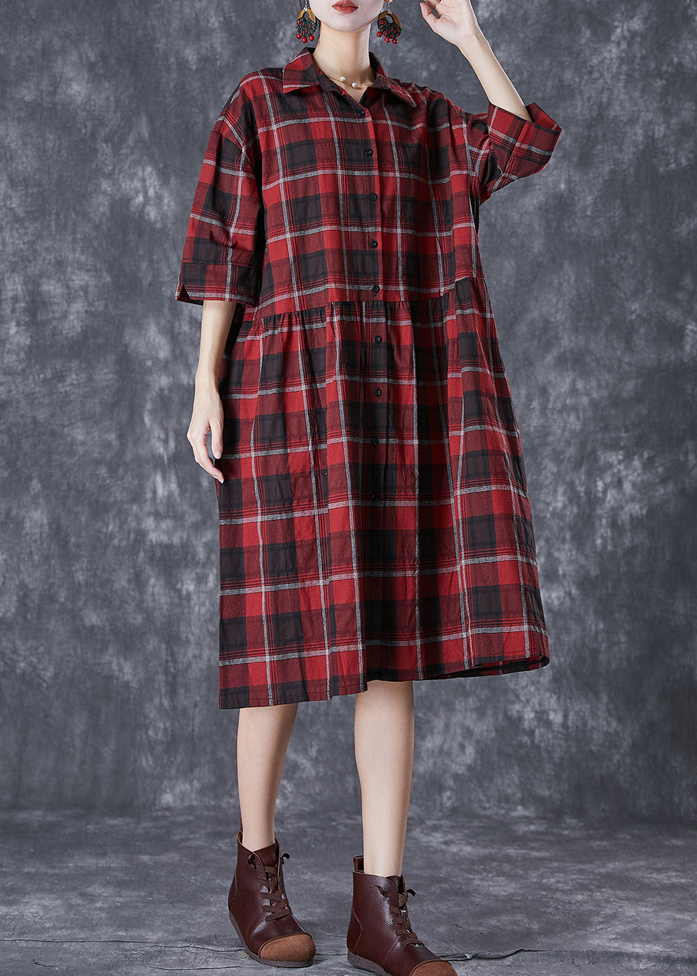 Classy Red Oversized Plaid Linen Shirt Dress Summer LY7083 - fabuloryshop