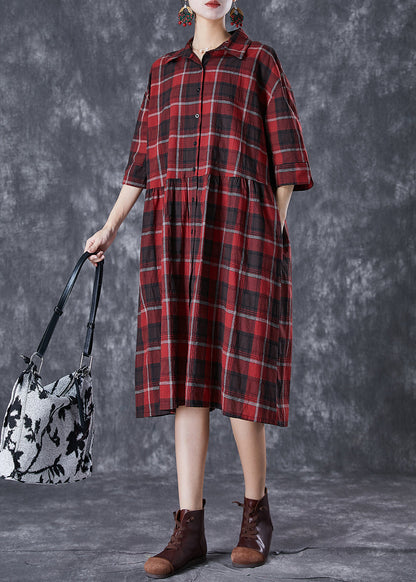 Classy Red Oversized Plaid Linen Shirt Dress Summer LY7083 - fabuloryshop