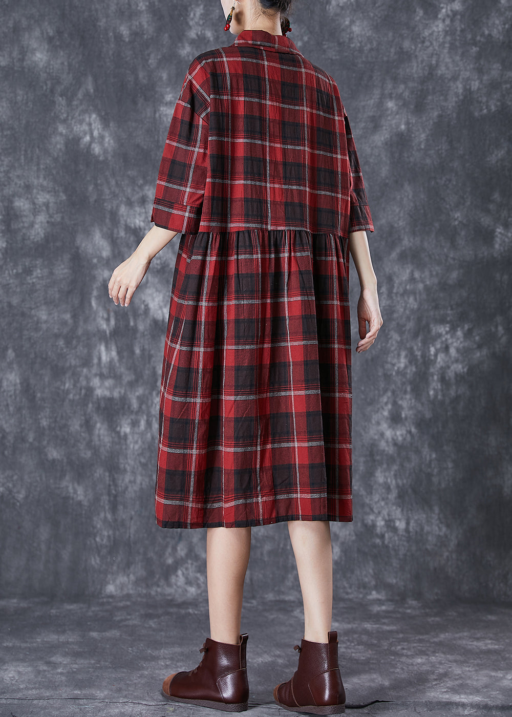 Classy Red Oversized Plaid Linen Shirt Dress Summer LY7083 - fabuloryshop