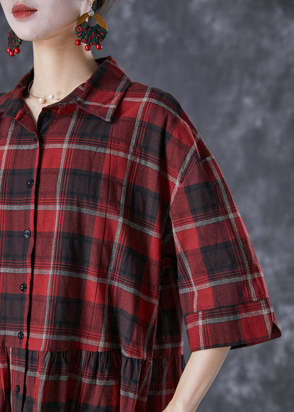 Classy Red Oversized Plaid Linen Shirt Dress Summer LY7083 - fabuloryshop