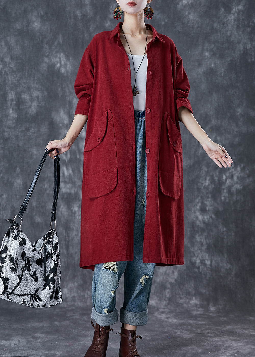 Classy Red Oversized Pockets Cotton Trench Coats Fall Ada Fashion