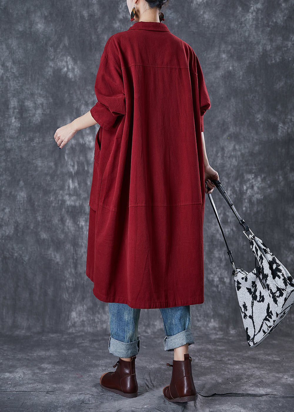 Classy Red Oversized Pockets Cotton Trench Coats Fall Ada Fashion