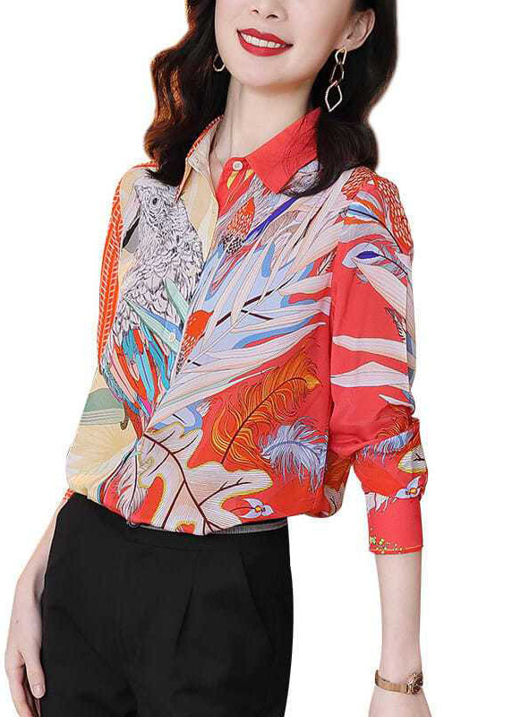 Classy Red Peter Pan Collar Print Button Silk Top Spring LY0385 - fabuloryshop