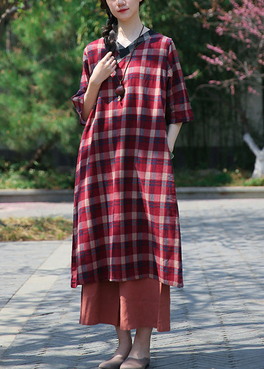 Classy Red Plaid V Neck Patchwork Cotton Dress Half Sleeve Ada Fashion