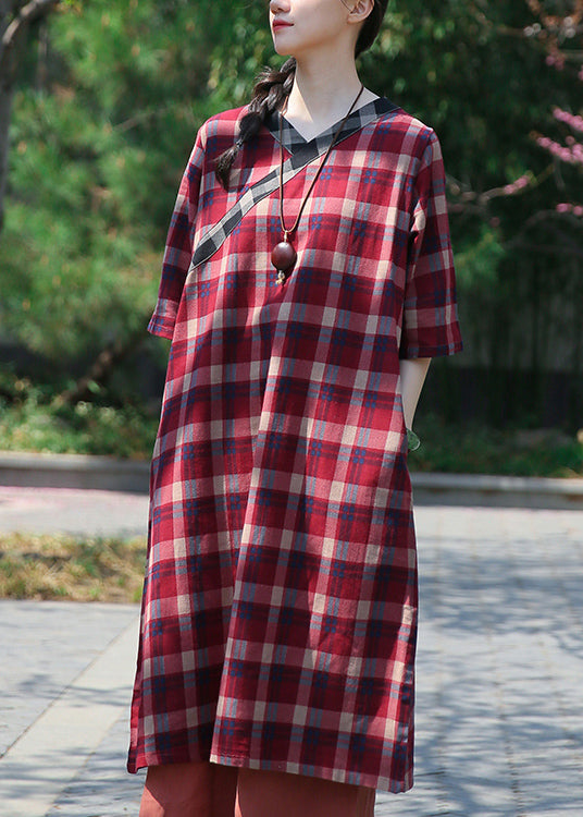 Classy Red Plaid V Neck Patchwork Cotton Dress Half Sleeve Ada Fashion