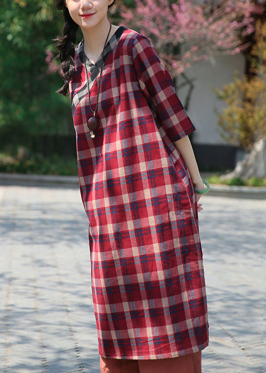 Classy Red Plaid V Neck Patchwork Cotton Dress Half Sleeve Ada Fashion