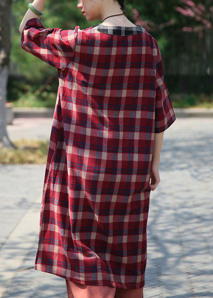 Classy Red Plaid V Neck Patchwork Cotton Dress Half Sleeve Ada Fashion