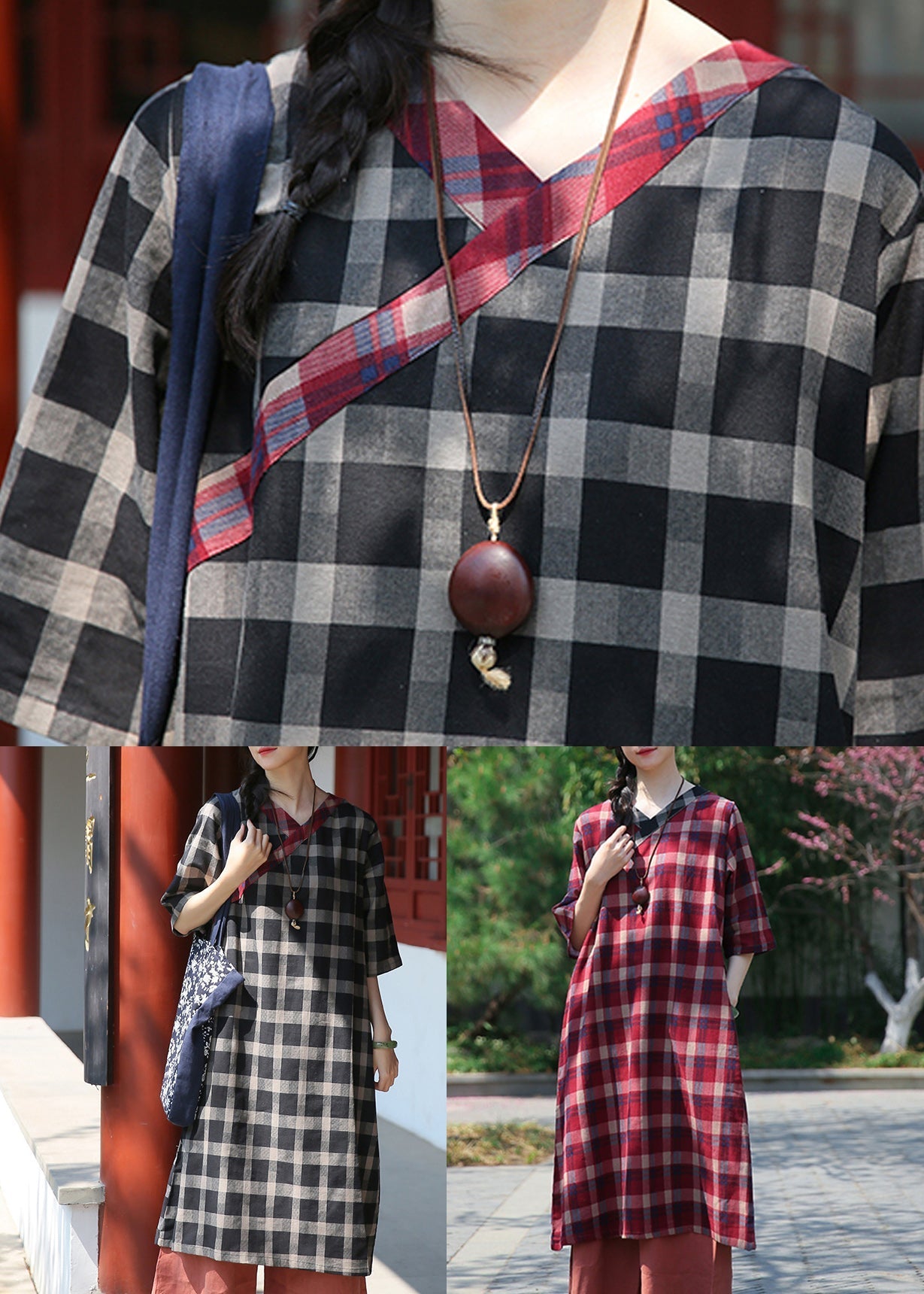 Classy Red Plaid V Neck Patchwork Cotton Dress Half Sleeve Ada Fashion