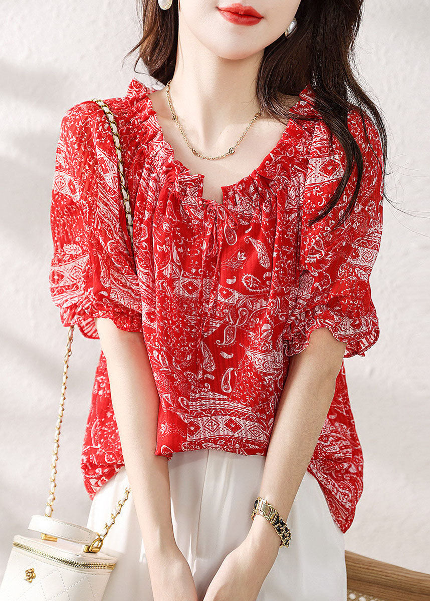 Classy Red Ruffled Print Patchwork Chiffon Shirts Top Summer TP1043 - fabuloryshop