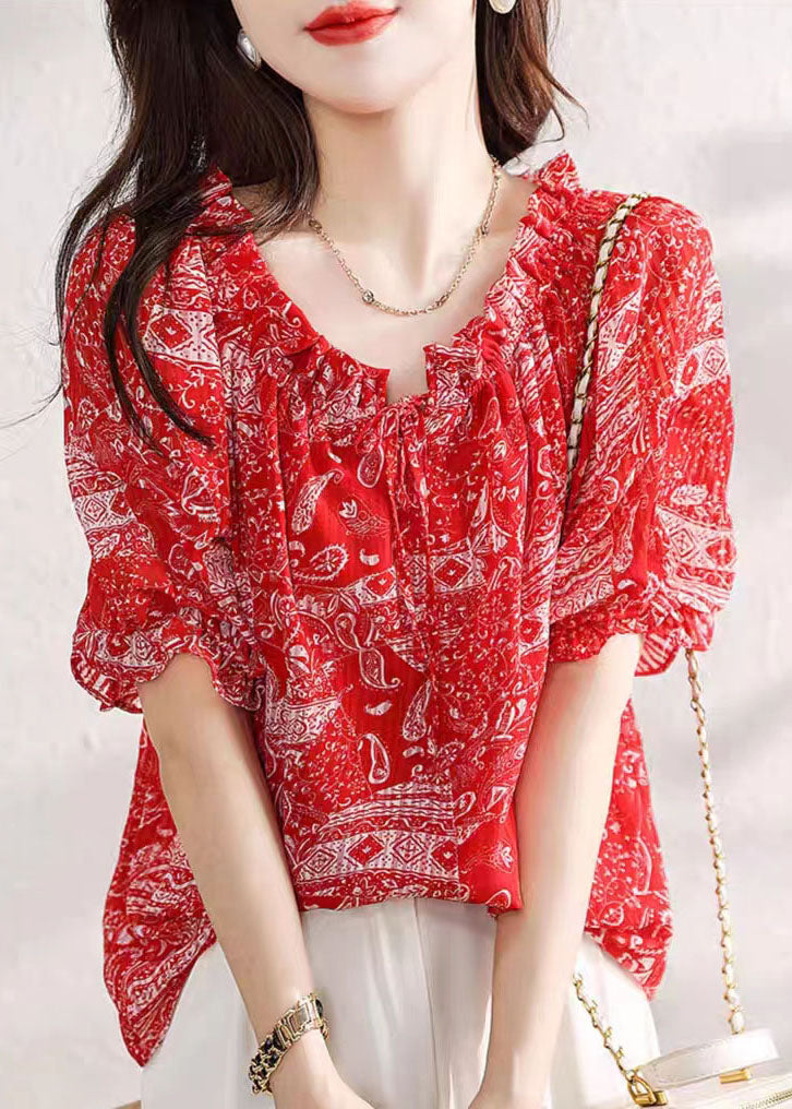 Classy Red Ruffled Print Patchwork Chiffon Shirts Top Summer TP1043 - fabuloryshop