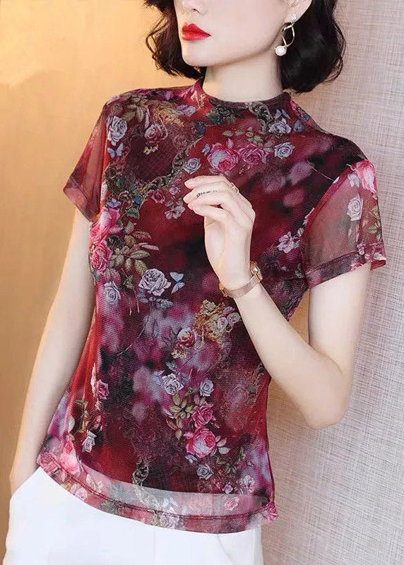 Classy Red Stand Collar Print Tulle Tops Short Sleeve LY3790 - fabuloryshop