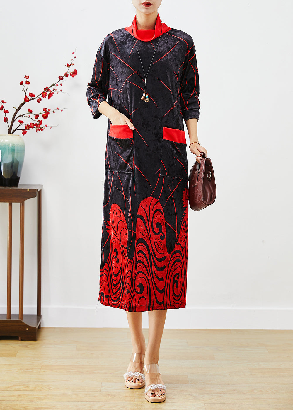 Classy Red Turtle Neck Print Silk Velour Long Dress Half Sleeve Ada Fashion