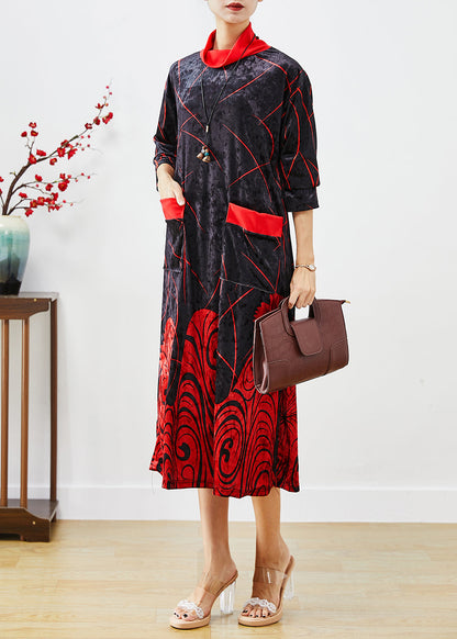 Classy Red Turtle Neck Print Silk Velour Long Dress Half Sleeve Ada Fashion