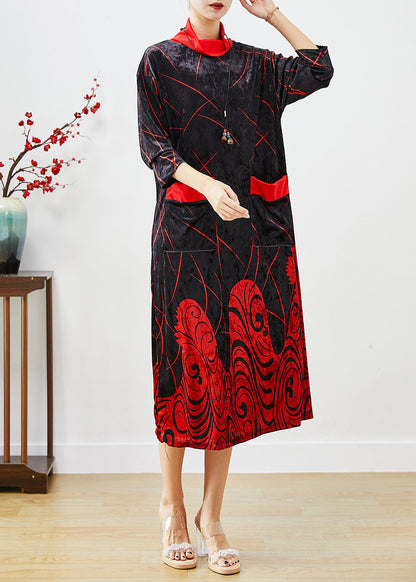 Classy Red Turtle Neck Print Silk Velour Long Dress Half Sleeve Ada Fashion