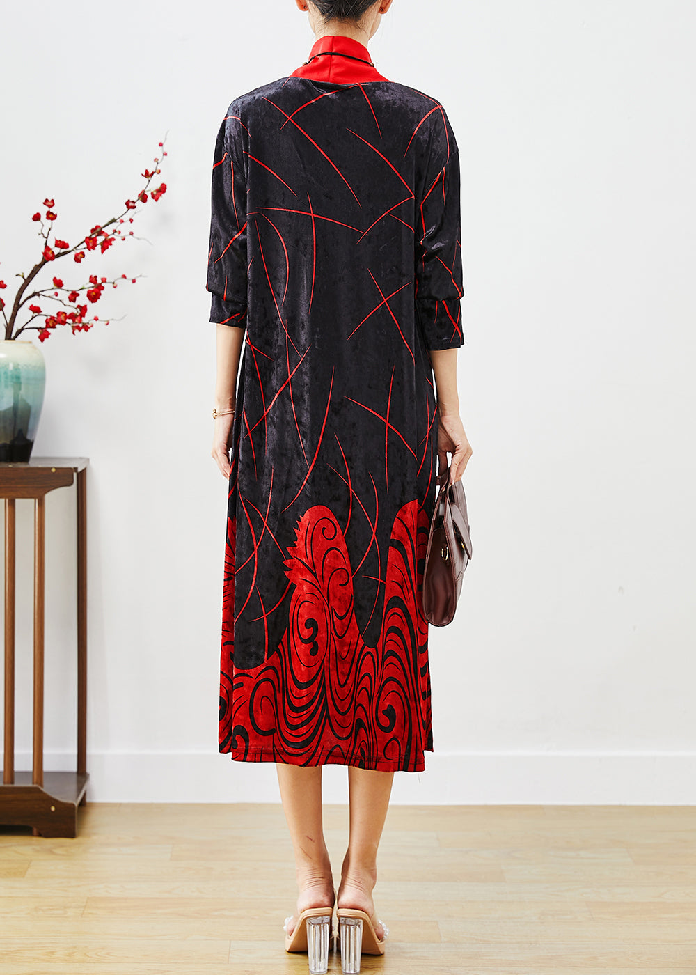 Classy Red Turtle Neck Print Silk Velour Long Dress Half Sleeve Ada Fashion