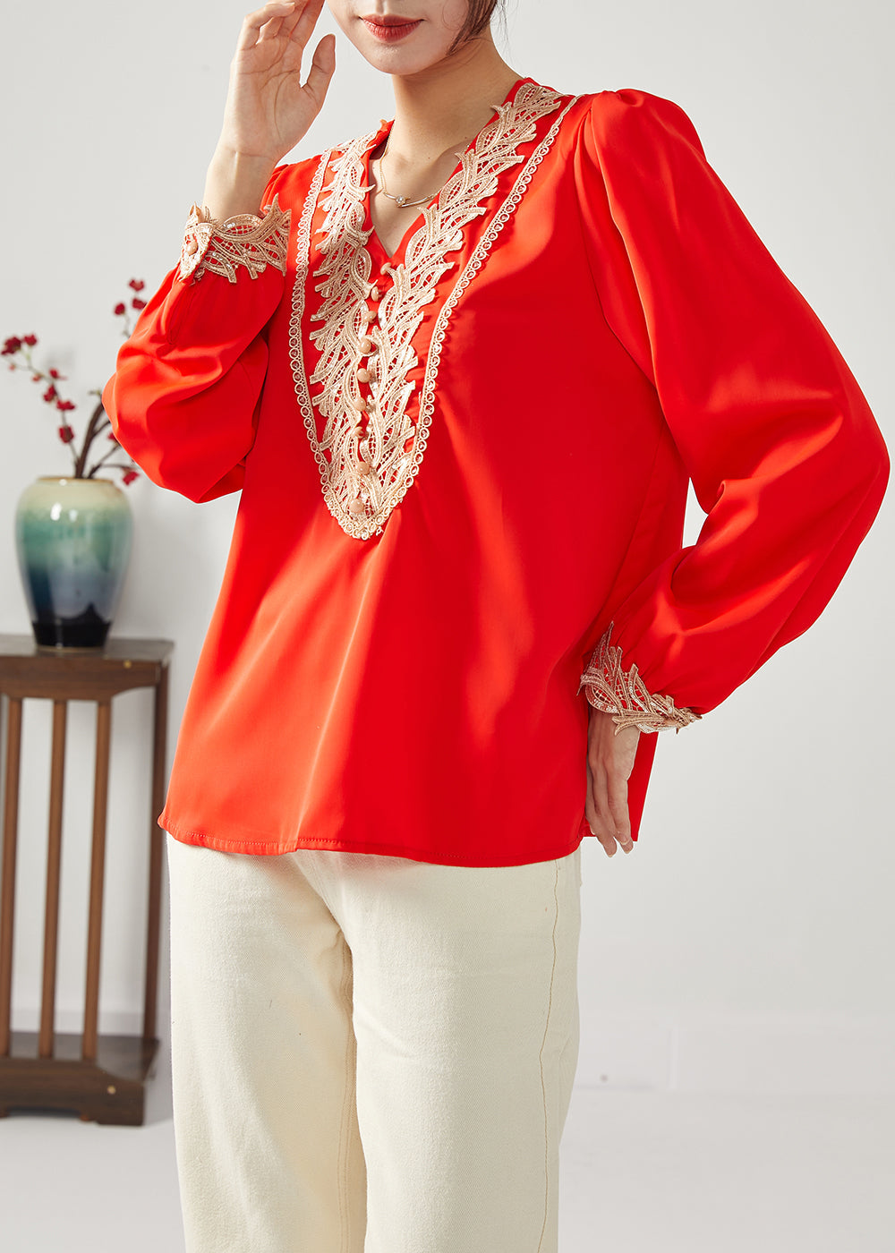 Classy Red V Neck Patchwork Draping Chiffon Tops Spring LC0384 - fabuloryshop