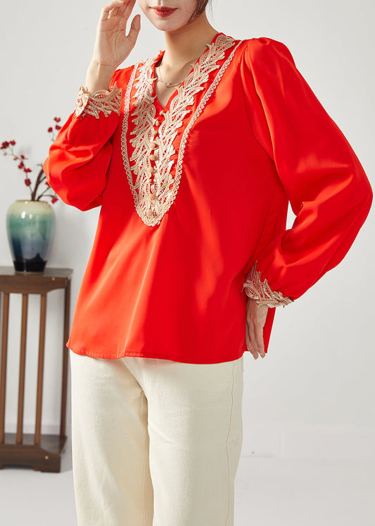 Classy Red V Neck Patchwork Draping Chiffon Tops Spring LY1114 - fabuloryshop