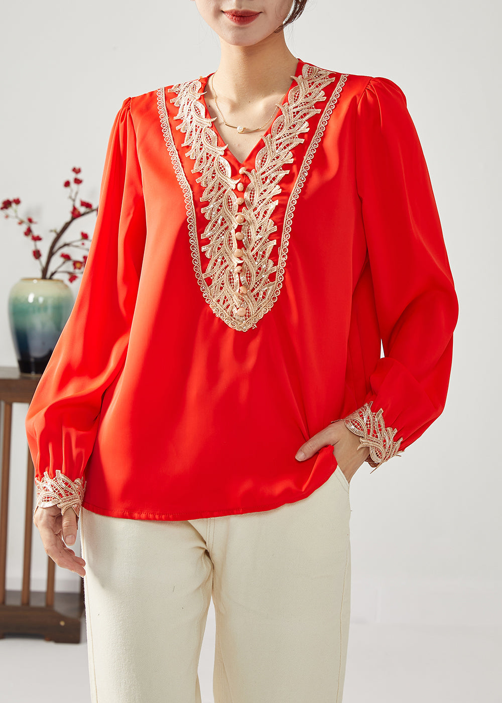 Classy Red V Neck Patchwork Draping Chiffon Tops Spring LC0384 - fabuloryshop