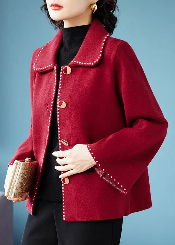 Classy Rose Peter Pan Collar Pockets  Woolen Coat Fall Ada Fashion