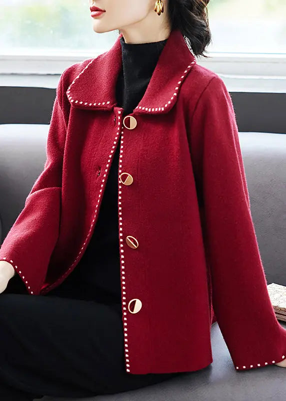 Classy Rose Peter Pan Collar Pockets  Woolen Coat Fall Ada Fashion