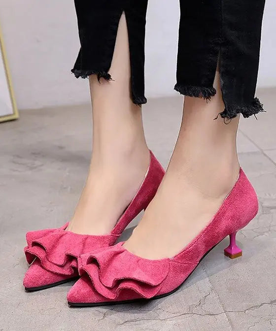 Classy Rose Ruffled Pointed Toe Splicing Stiletto High Heels Ada Fashion