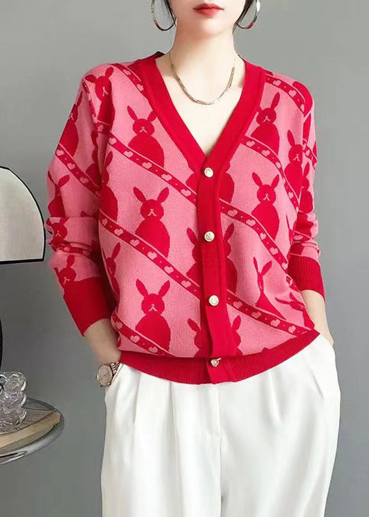 Classy Rose V Neck Button Jacquard Woolen Cardigan Fall Ada Fashion