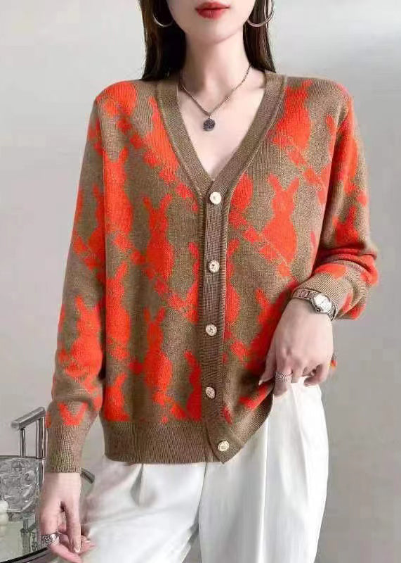 Classy Rose V Neck Button Jacquard Woolen Cardigan Fall Ada Fashion