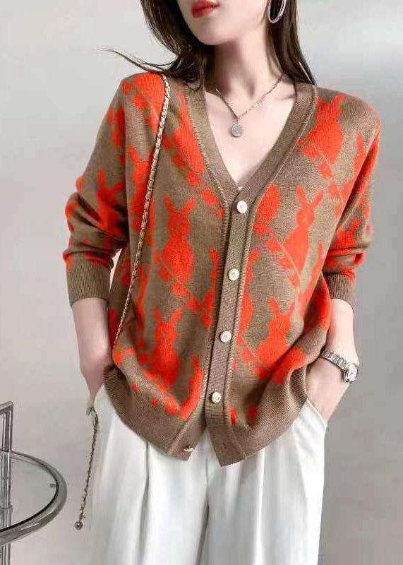 Classy Rose V Neck Button Jacquard Woolen Cardigan Fall Ada Fashion