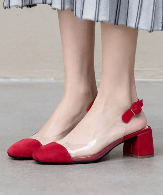 Classy Splicing Buckle Strap Clear Chunky Heel Sandals Red Ada Fashion