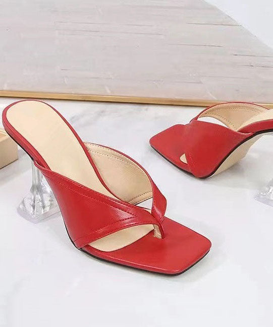 Classy Splicing High Heel Flip Flops Slippers Red Faux Leather LY4308 - fabuloryshop