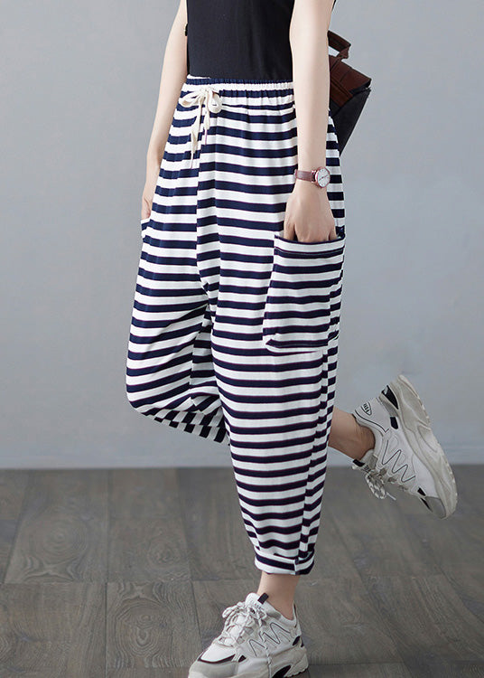 Classy Striped Embroideried Floral Drawstring Elastic Waist Draping Crop Pants Summer LY0664