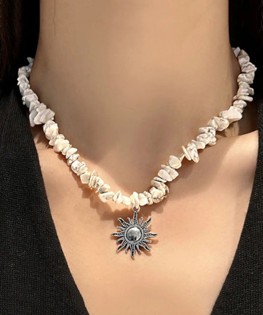 Classy White Alloy Natural Stone Sun Lariat Necklace Ada Fashion