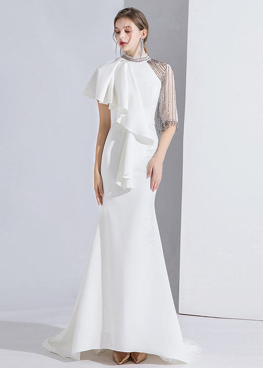 Classy White Asymmetrical Tulle Patchwork Slim Fishtail Maxi Dress Summer Ada Fashion