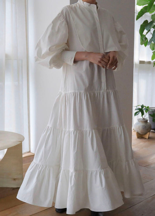 Classy White Cinched Patchwork Cotton Exra Large Hem Dress Puff Sleeve LY2079 - fabuloryshop