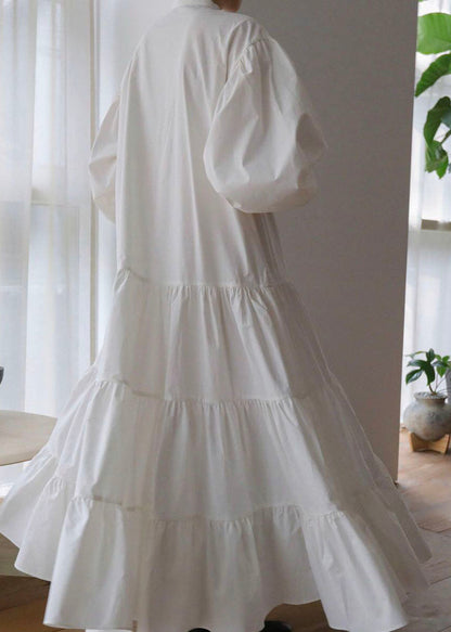 Classy White Cinched Patchwork Cotton Exra Large Hem Dress Puff Sleeve LY2079 - fabuloryshop