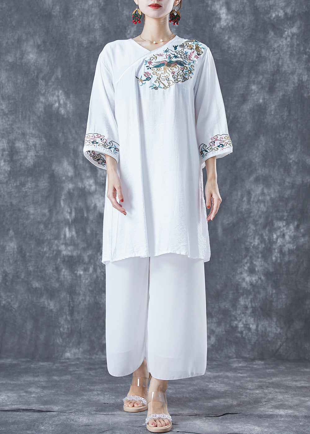 Classy White Embroideried Side Open Linen Dress Bracelet Sleeve LY5627 - fabuloryshop