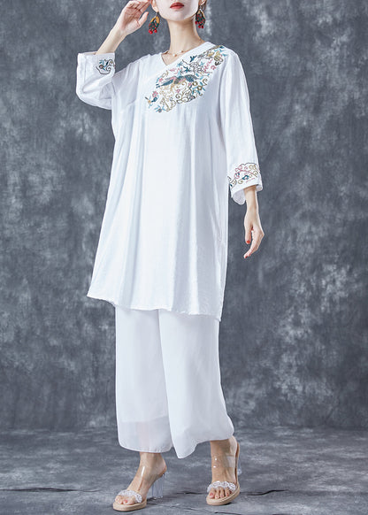 Classy White Embroideried Side Open Linen Dress Bracelet Sleeve LY5627 - fabuloryshop